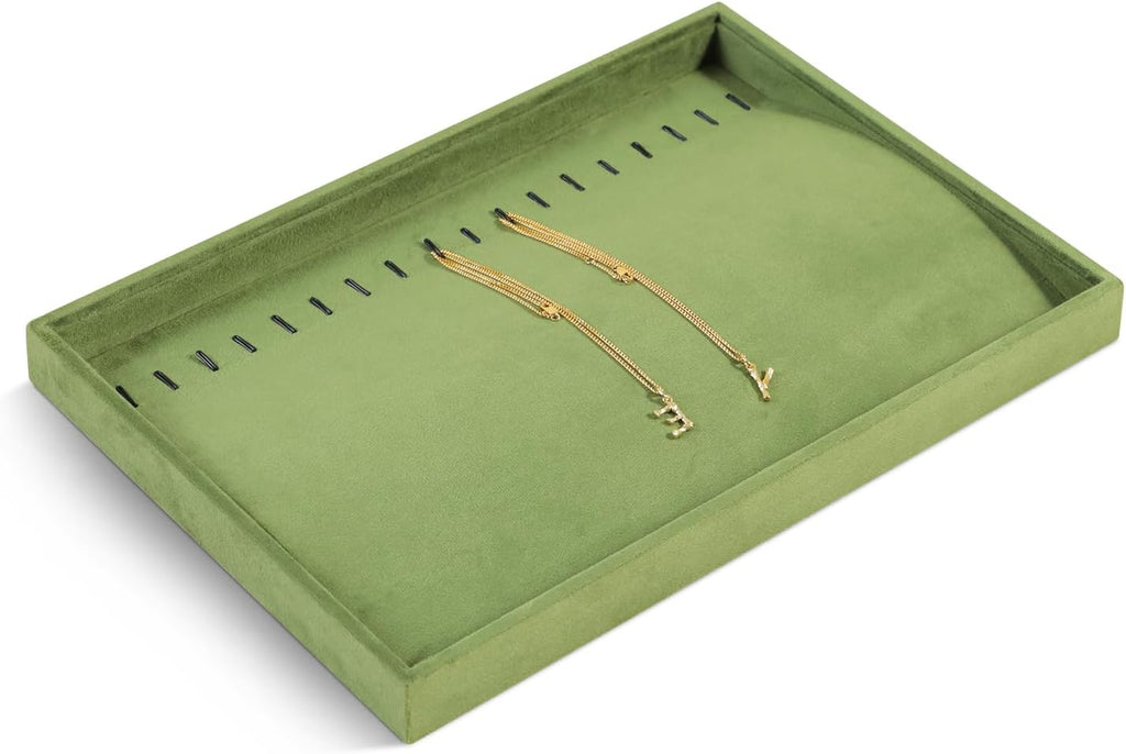 Velvet Jewelry Display Tray For Bracelet Pendant Necklace, Multi-Slot Stackable Storage Tray For Long Chain Jewelries, Drawer Insert Jewelry Organizer (Olive Green)