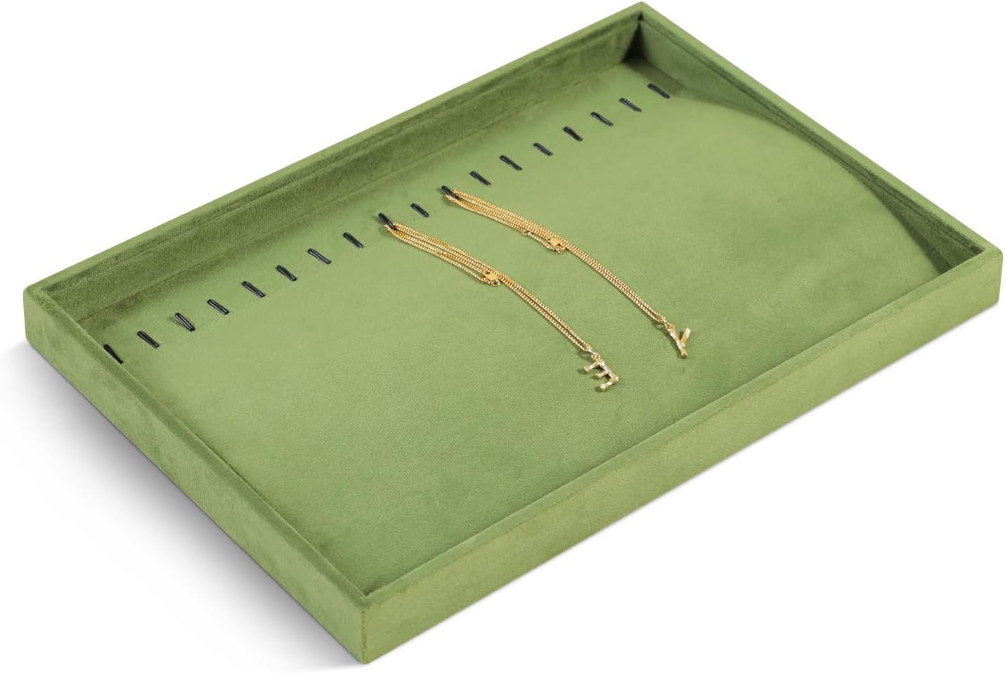 Velvet Jewelry Display Tray For Bracelet Pendant Necklace, Multi-Slot Stackable Storage Tray For Long Chain Jewelries, Drawer Insert Jewelry Organizer (Olive Green)