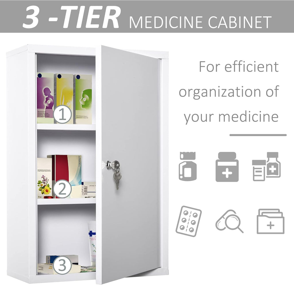 kleankin Steel Wall Mount Medicine Cabinet 3 Tier Emergency Box for Bathroom Kitchen, Lockable with 2 Keys, White