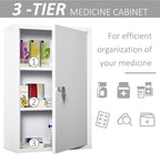 kleankin Steel Wall Mount Medicine Cabinet 3 Tier Emergency Box for Bathroom Kitchen, Lockable with 2 Keys, White