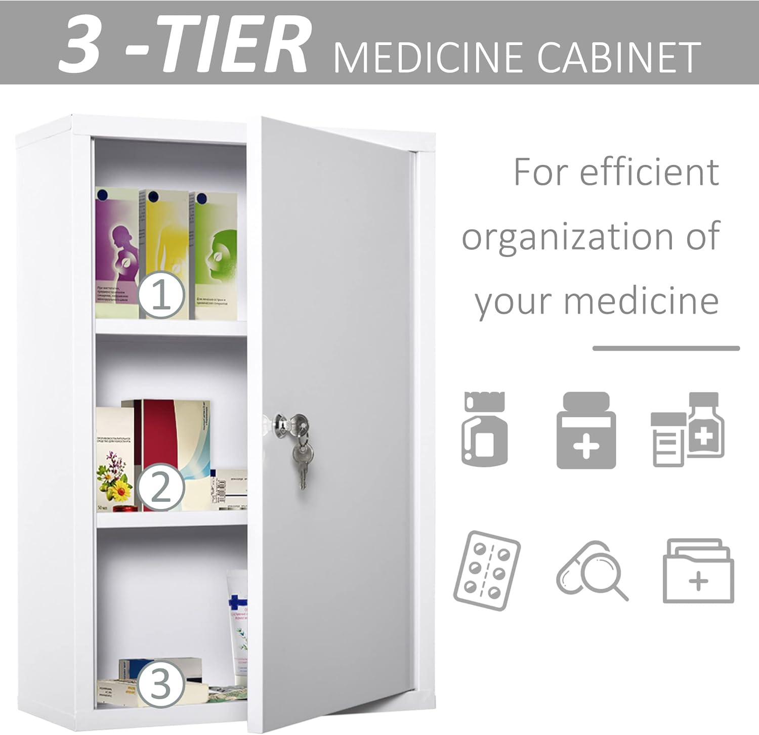 kleankin Steel Wall Mount Medicine Cabinet 3 Tier Emergency Box for Bathroom Kitchen, Lockable with 2 Keys, White
