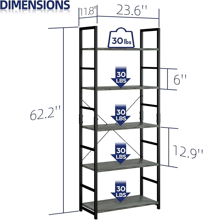 NUMENN 5 Tier Bookshelf, Tall Bookcase Shelf Storage Organizer, Modern Book S...