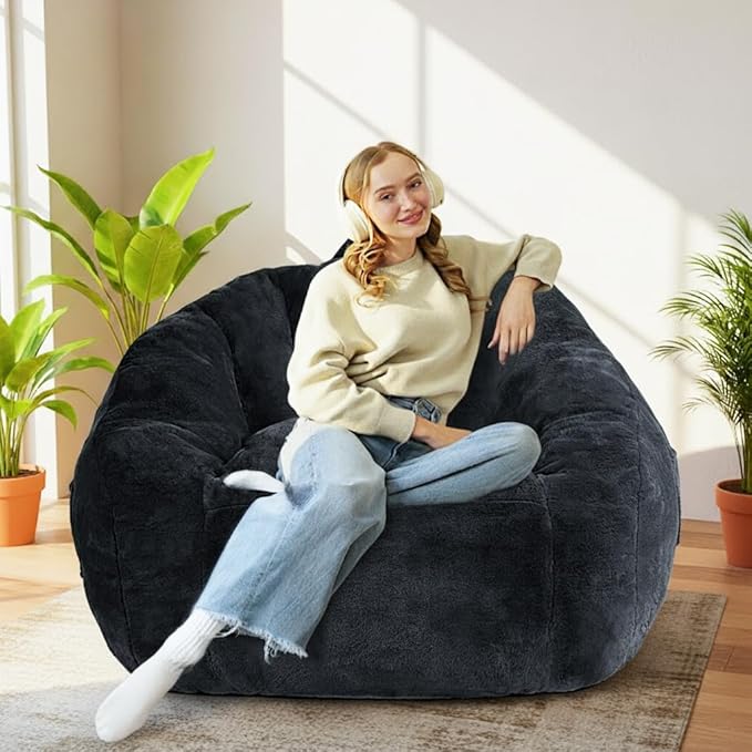 Giant Plush Bean Bag Chair for Adults with Armrests, BeanBag Couch Filler with Memory Foam, Faux Fur Comfy Bean Bag Chair, Anti-Slip Accent Chair Gaming and Reading, Black