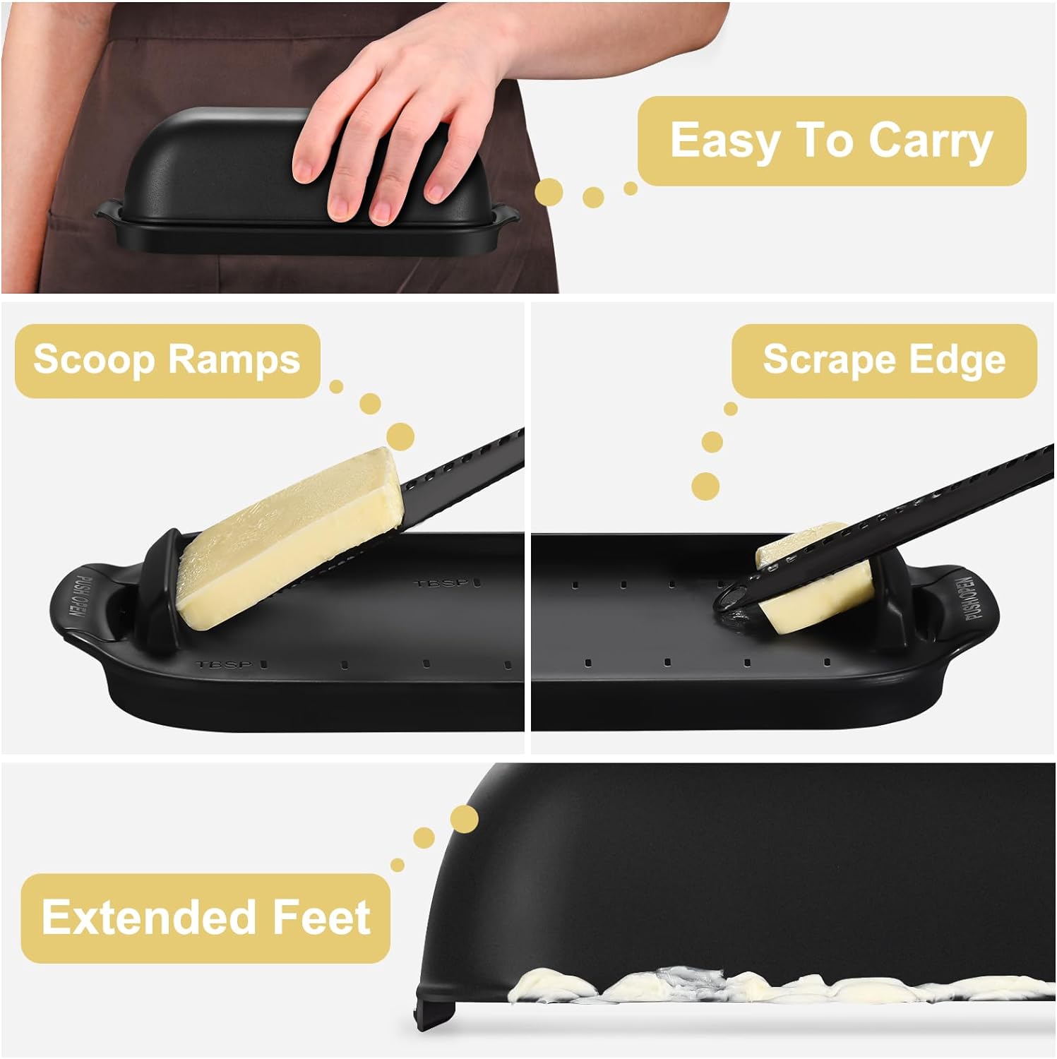 AONCO Butter Dish with Lid, Butter Container Holds for Countertop, Unbreakable Butter Keeper for Home Kitchen Decor, Perfect for East/West Coast Butter, BPA-free, Microwave/Dishwasher Safe (Black)