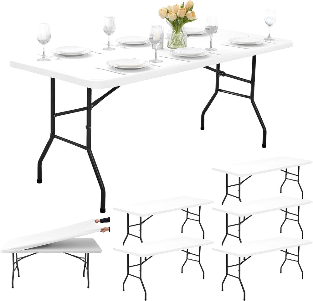 6ft Fitted Tablecloth Rectangle 6-Pack, White Elastic Table Cover