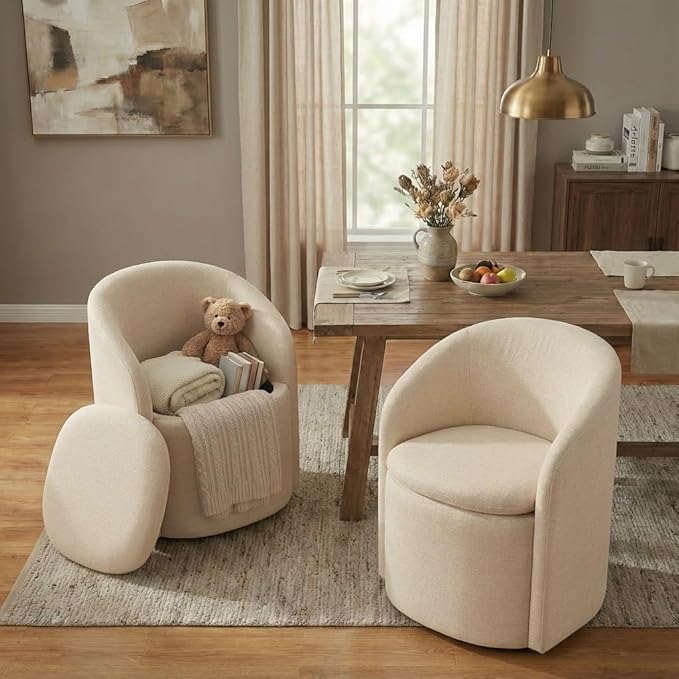 Upholstered Dining Chairs with Casters, No Assembly Rolling Modern Dining Room Chairs with Hidden Storage & Barrel Backrest, Accent Chair for Bedroom, Living Room, Dressing, Sand, Set of 2