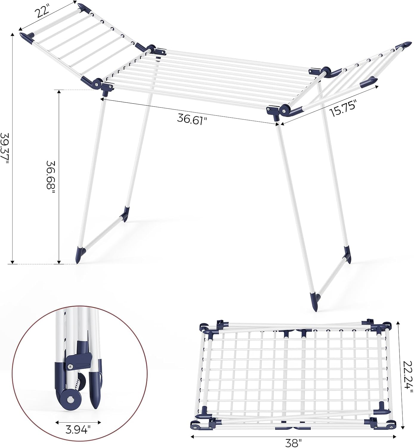 APEXCHASER Clothes Drying Rack Foldable, Large Drying Rack Clothing, Winged Laundry Rack Folding Indoor Outdoor, Metal Clothes Airer for Bedding Towel Sweater Heavy Duty, 68.9" X 22" X41.3", White