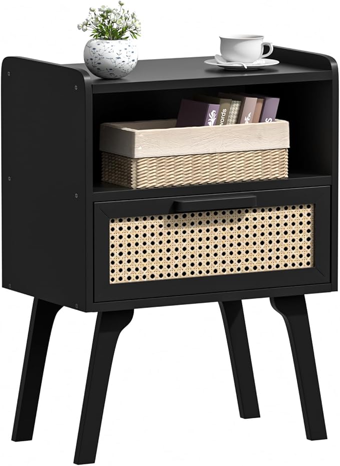 Lerliuo Rattan Nightstand, Bedside Table with Drawer Open Shelf, Cane Accent ...