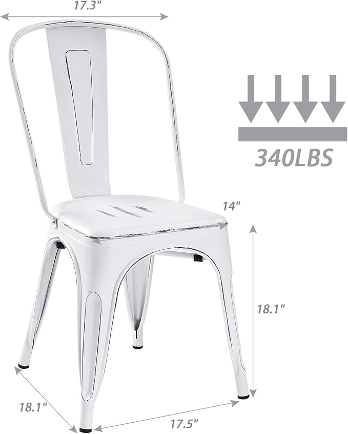 Devoko Metal Indoor-Outdoor Chairs Distressed Style Kitchen Dining Chairs Stackable Side Chair with Back Set of 4 (White)