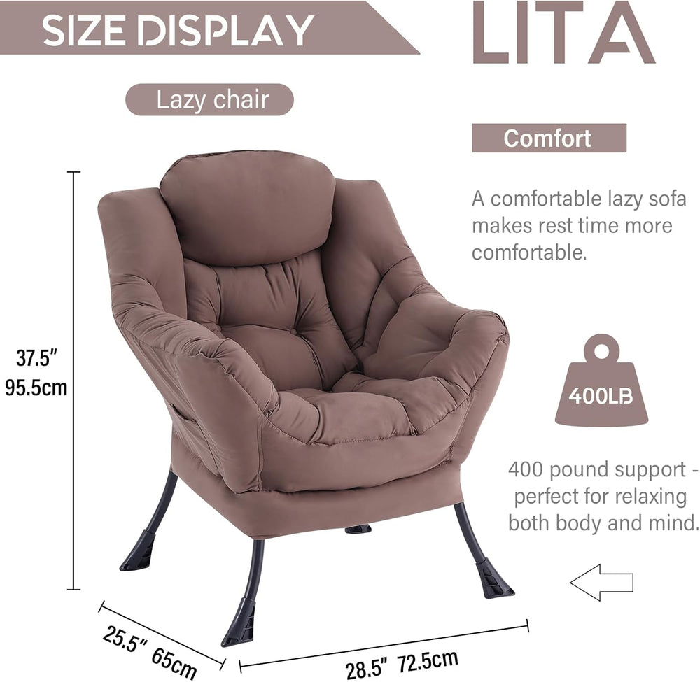 LITA Lazy Chair with Armrests and Side Pocket, Modern Upholstered Accent Read...
