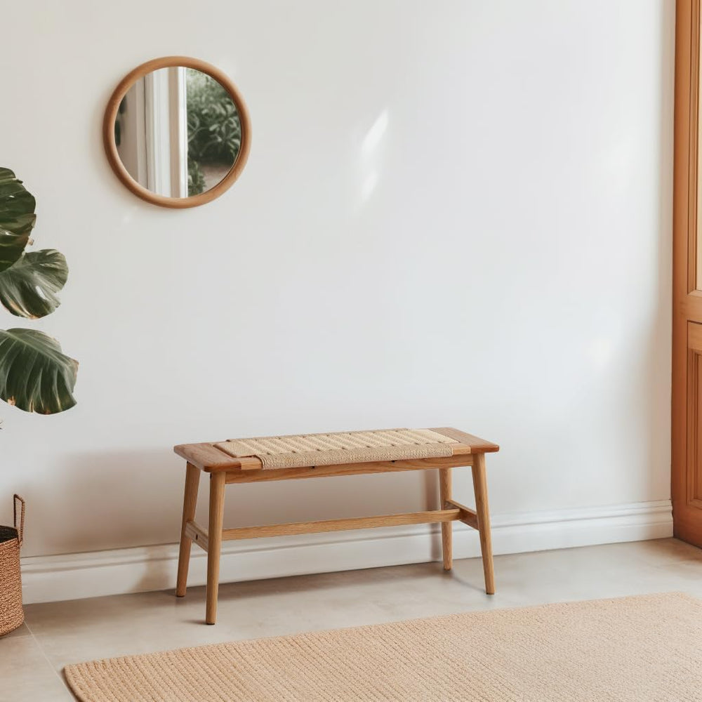 Solid Oak Dining Bench, Rattan Woven Entryway Bench,31.49 inch | mortise join...