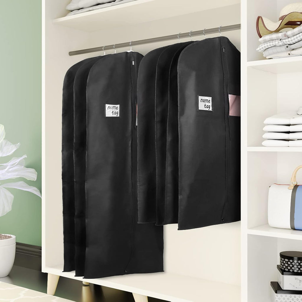 KEEGH Garment Bags for Hanging Clothes 60" (Set of 6) Dress Bags for Gowns Long Dress Bags for Closet Storage with Zipper and Eye-Hole for Folding for Suit Coats Dresses, Black | Transparent Window, Full Zipper, Label Pocket, Eye-Hole for Folding, Dress