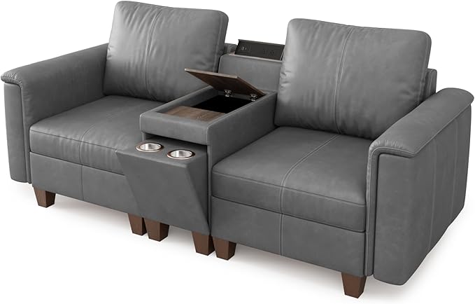 SITJOY 79" Faux Leather Modular Sectional Sofa with Storage, Mid Century Modern Sectional Couches for Living Room, 2 Seat Loveseat with Console Table, Hidden Cupholders, Gray