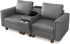 SITJOY 79" Faux Leather Modular Sectional Sofa with Storage, Mid Century Modern Sectional Couches for Living Room, 2 Seat Loveseat with Console Table, Hidden Cupholders, Gray