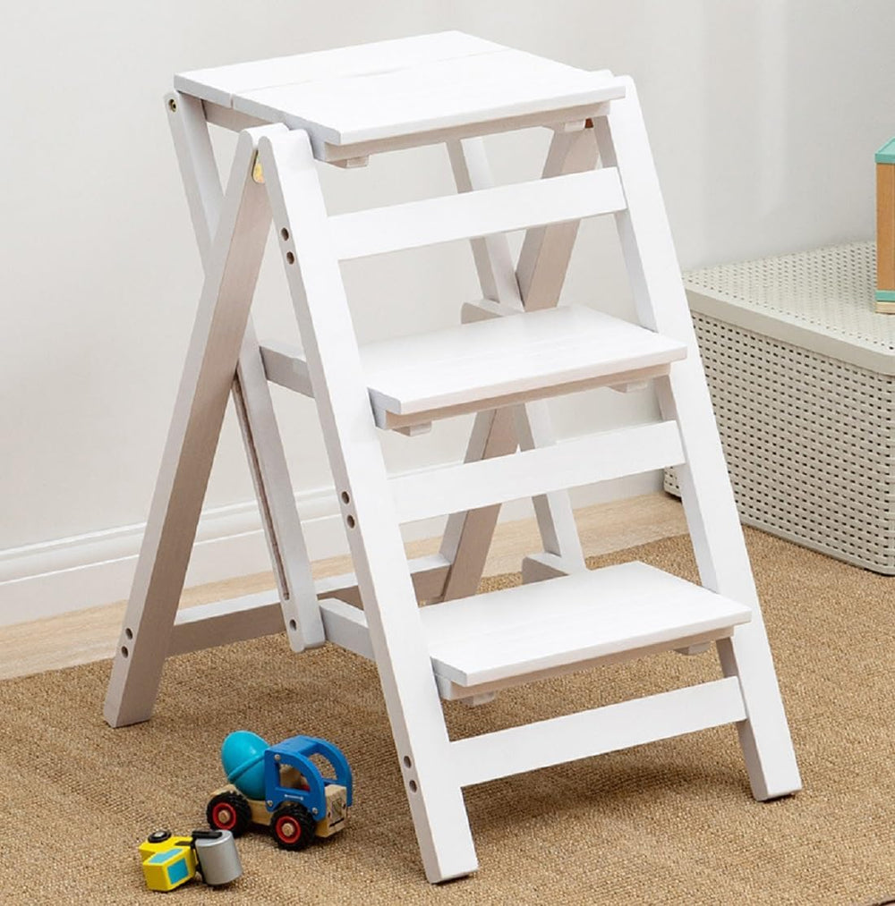 Folding Step Stool for Adults, 3 Tier Step Ladder Portable Counter Chair Wood...