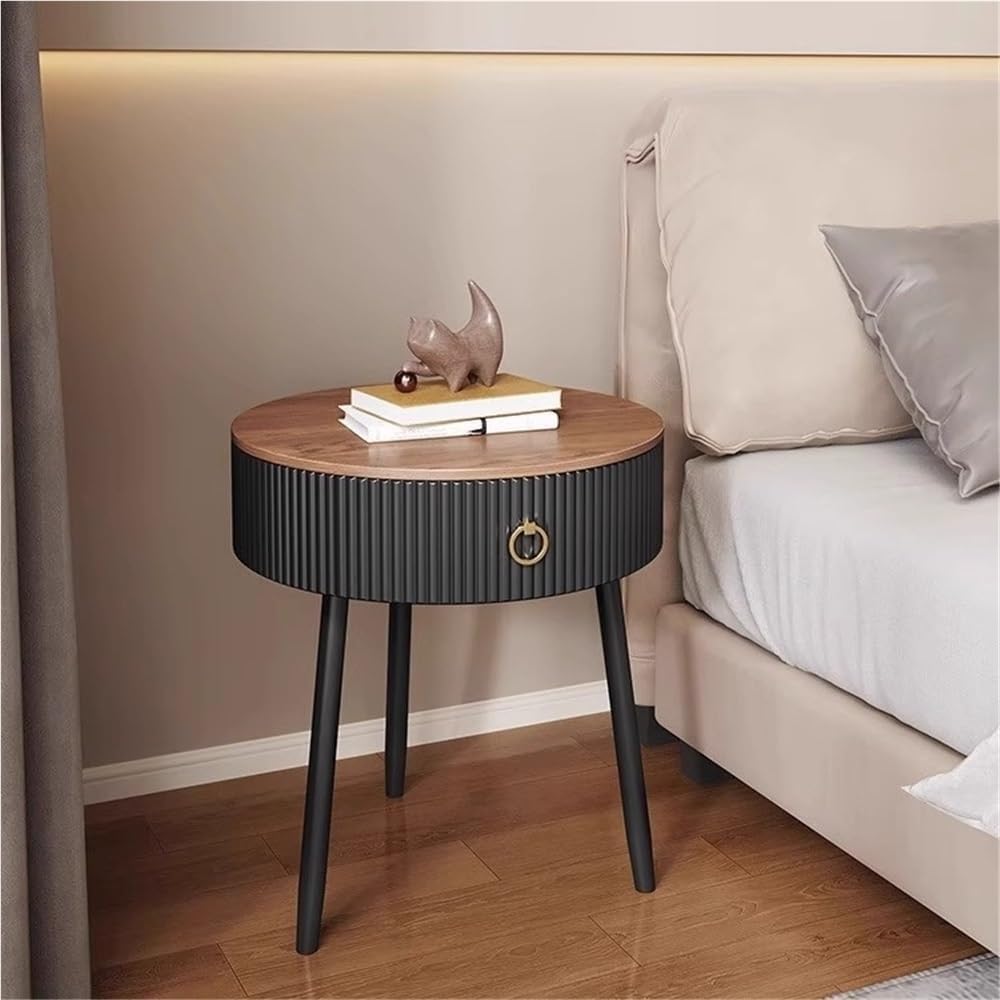 Modern Round End Table with Drawer Wood Double Storage Nightstand Side Table ...