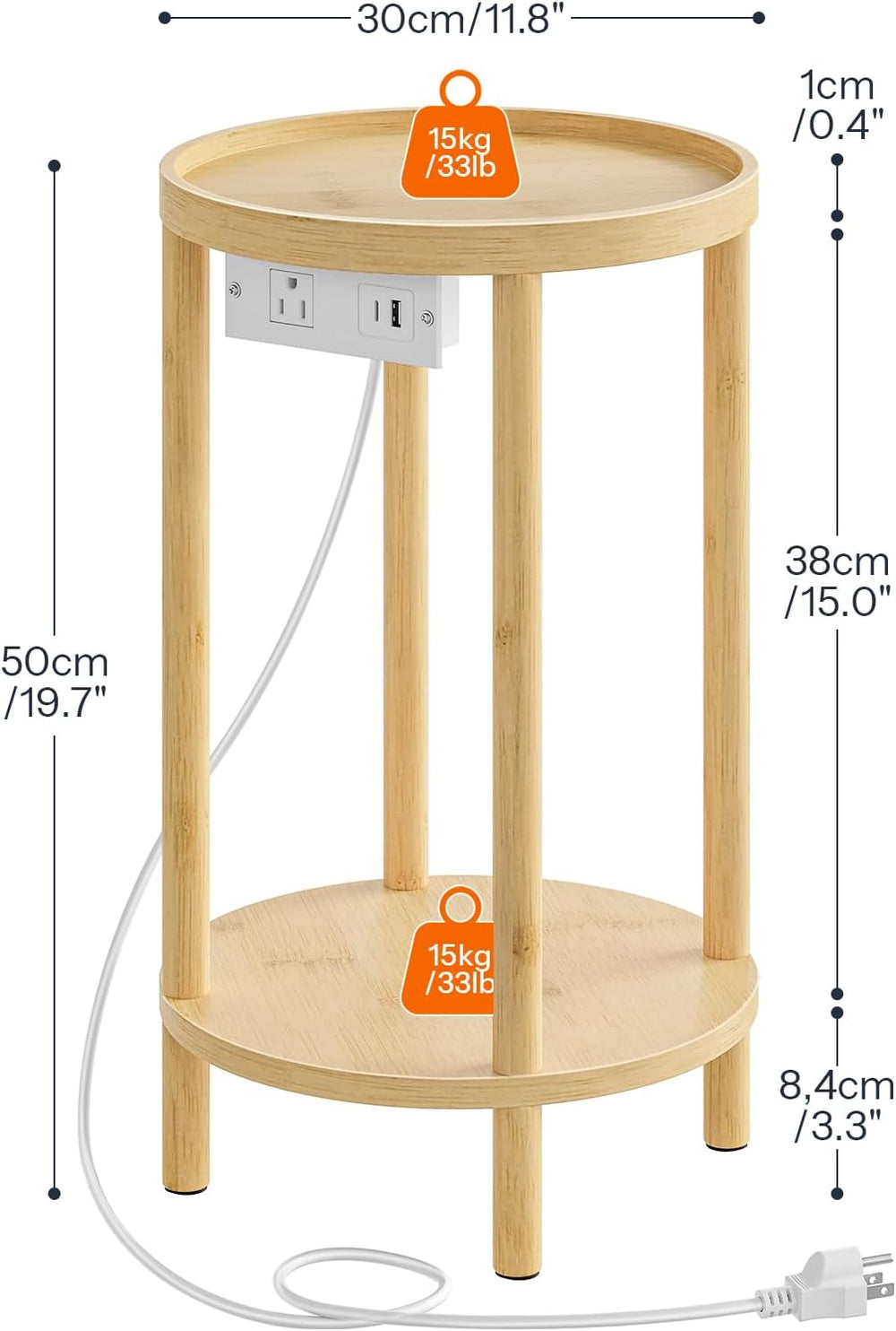 HOOBRO Small Round Side Table with Charging Station, 2-Tier Round Bamboo End ...