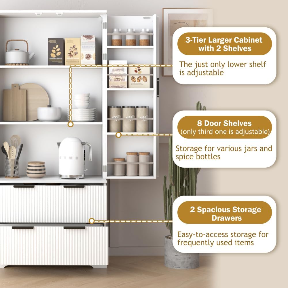 72" Modern Fluted Kitchen Pantry Cabinet with 2 Large Drawers & 8-Do...