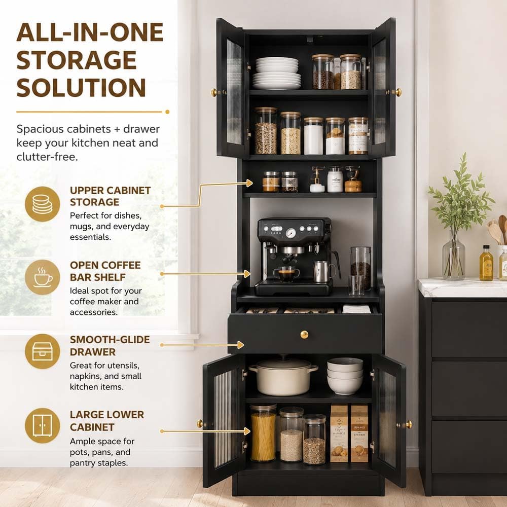 71" Kitchen Pantry Hutch Storage Cabinet with Microwave Stand, Farmhouse...