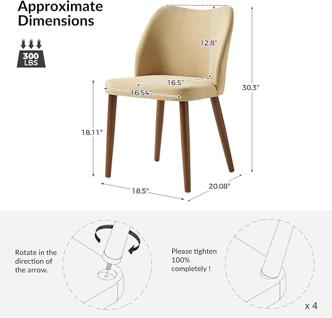 Dining Chairs Set of 4, Upholstered Kitchen Dining Room Chair Set Morden Accent Side Dinner Chair with Curved Padded Back Wood Legs for Restaurant/Cafe, Tan