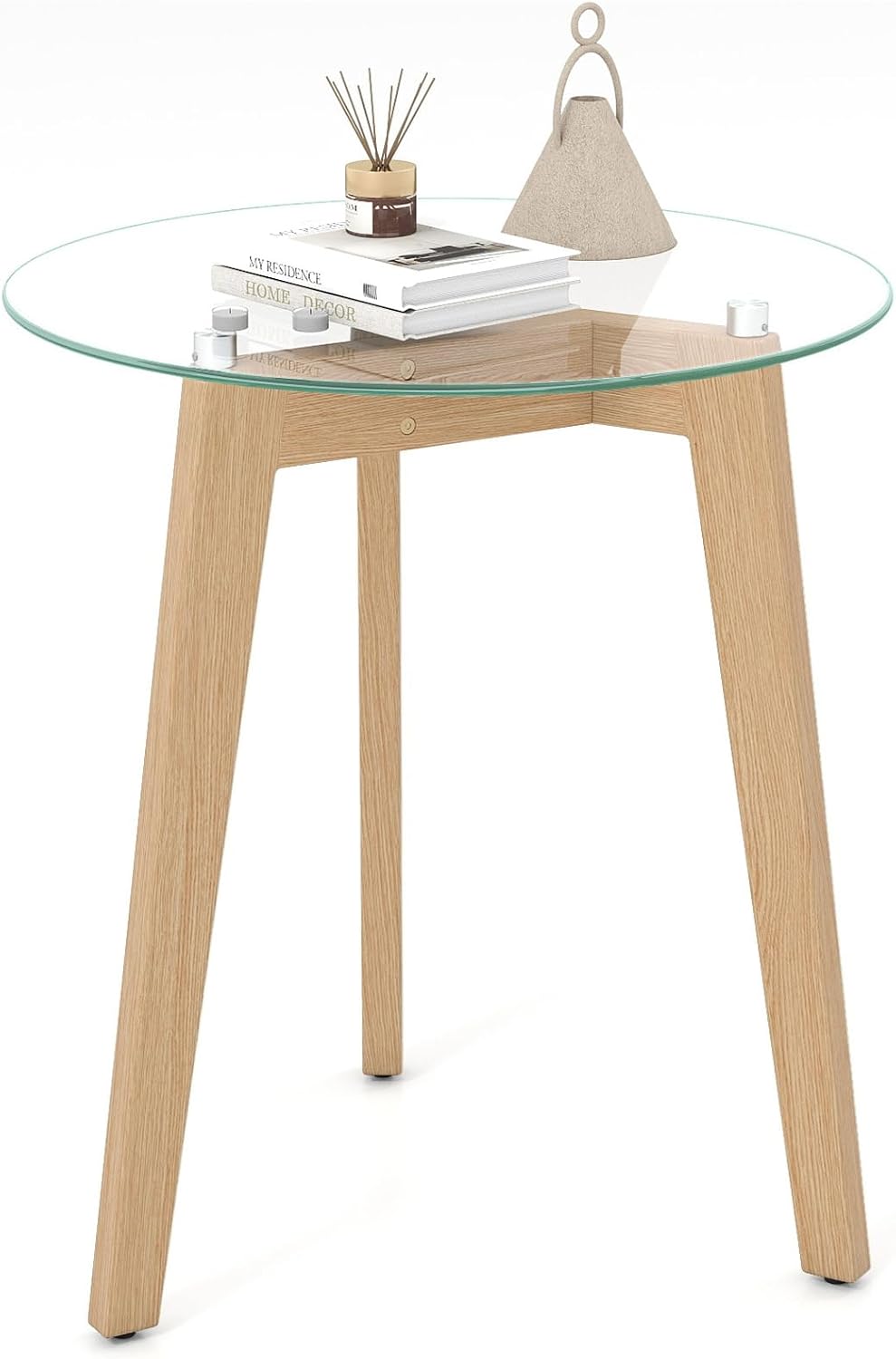 GOFLAME Glass End Table, 21” Round Couch Sofa Side Table with Solid Rubber Wo...