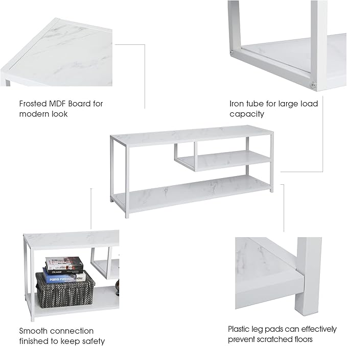 Function Home TV Stand for TVs up to 55 Inch, 3 Tier Entertainment Center, Media Console with Open Storage Shelves for Living Room Bedroom, 47” Modern TV Table with Wood Top White Metal Legs