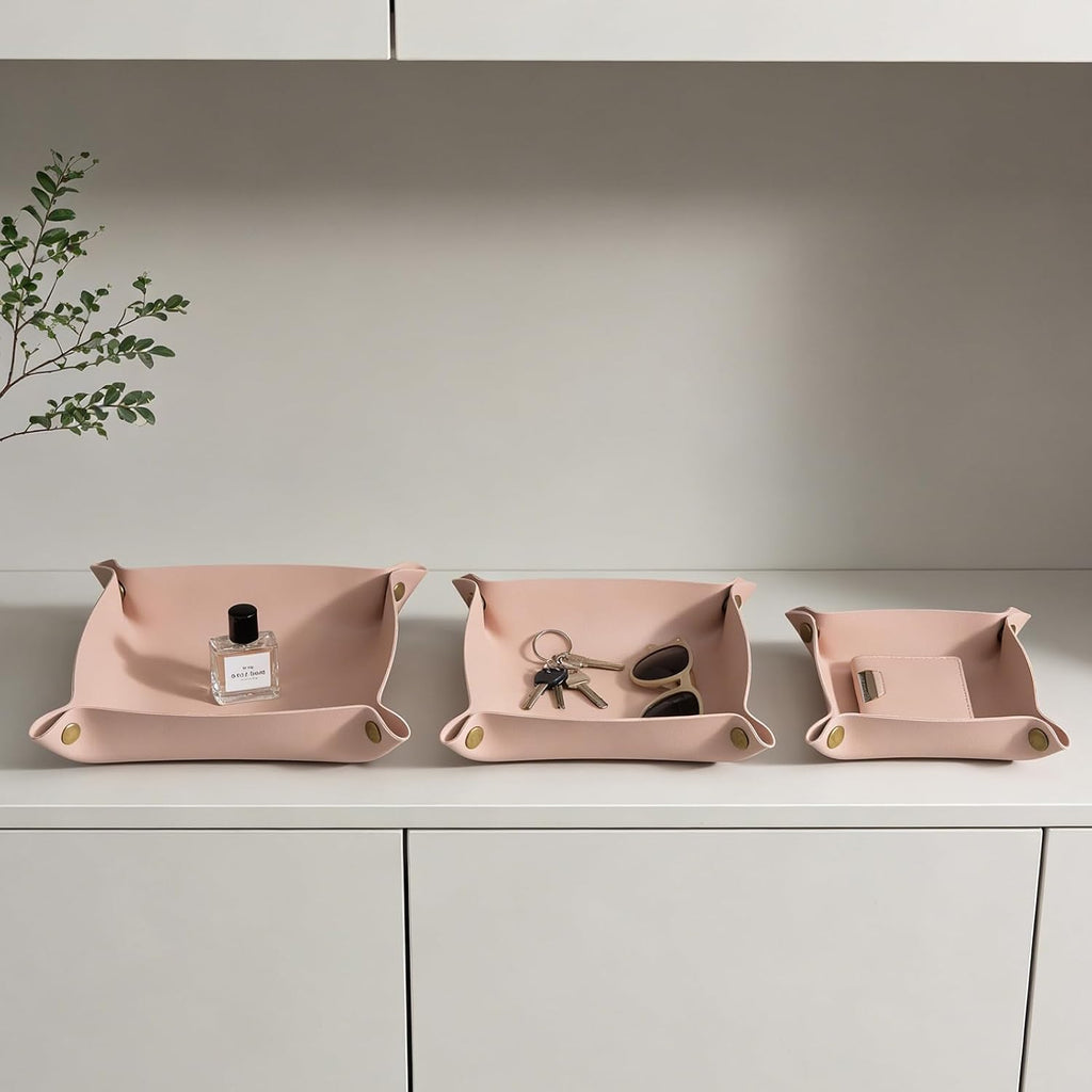 3 packs PU Leather Tray in 3 Sizes Jewelry Tray Glossy Leather Desk Organizer Leather Catchall Tray for Jewelry/Key/Coin/Sun Glasses/Watch/USB Cables etc. (Morandi Pink)