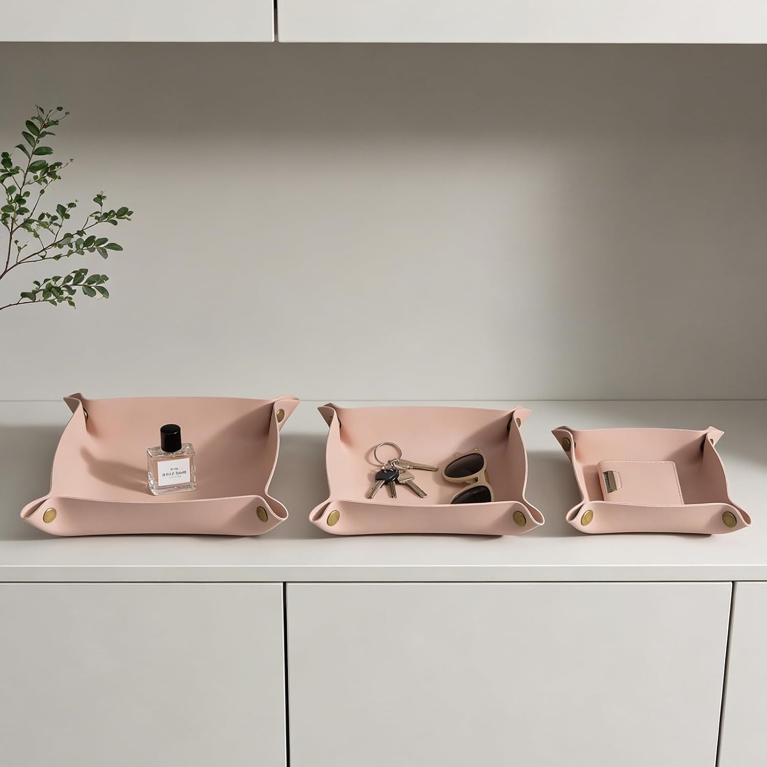 3 packs PU Leather Tray in 3 Sizes Jewelry Tray Glossy Leather Desk Organizer Leather Catchall Tray for Jewelry/Key/Coin/Sun Glasses/Watch/USB Cables etc. (Morandi Pink)