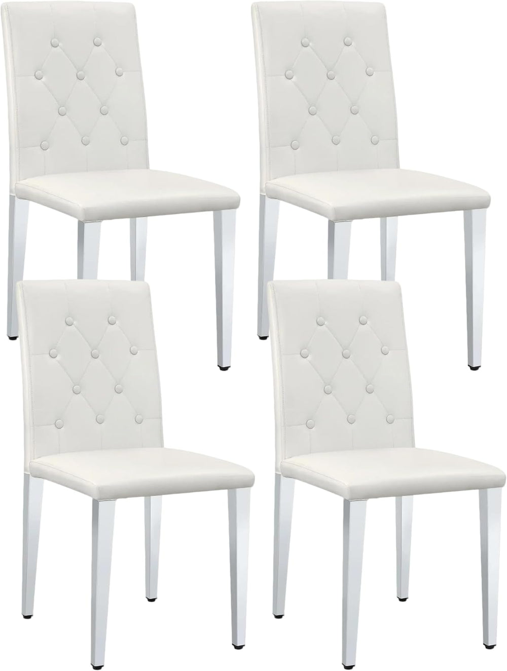 White Dining Chairs Set of 4, Faux Leather, Silver Metal Legs | Button-Tufted...