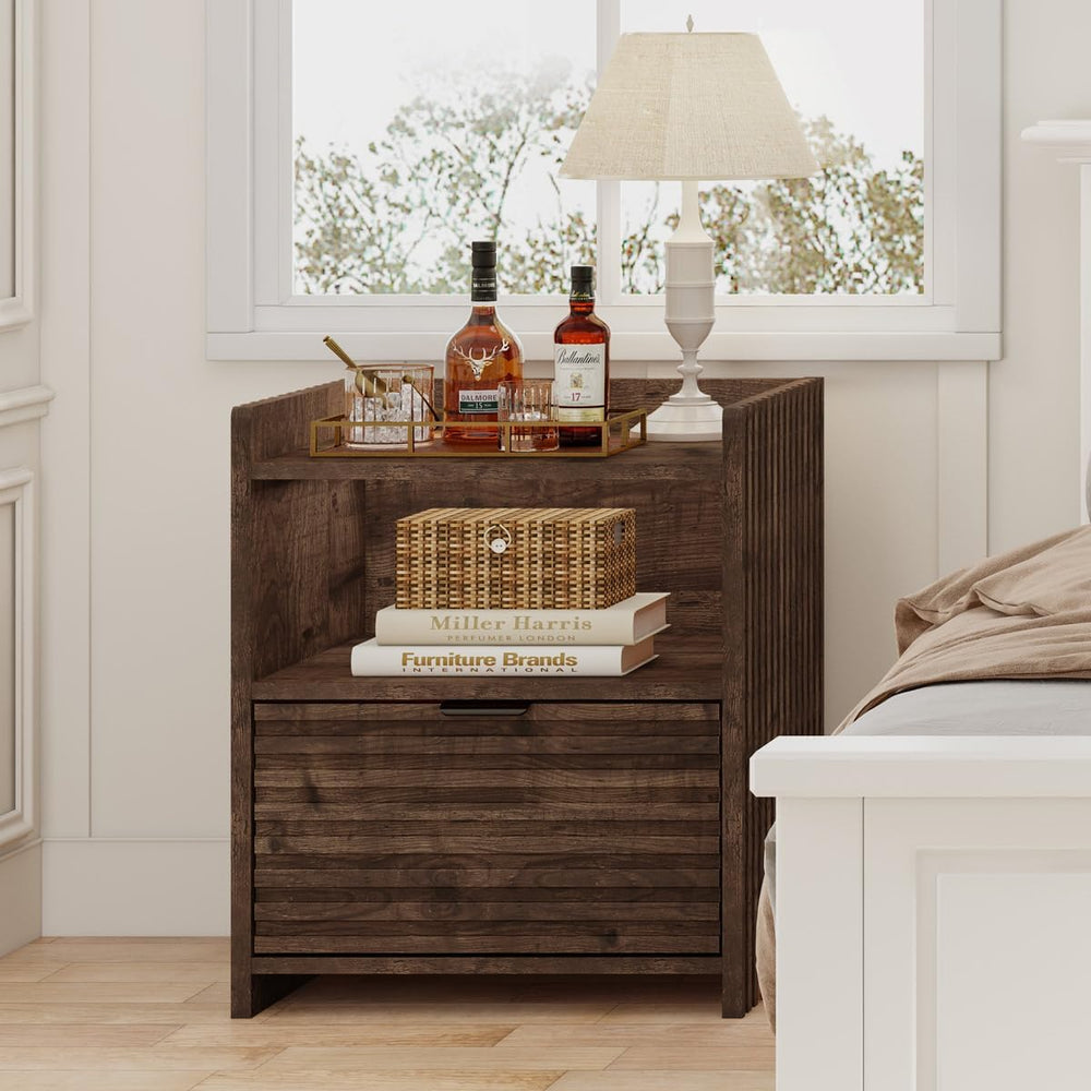 BON AUGURE Fluted Nightstand with Drawer and Storage Shelf, Modern Wood Bedsi...