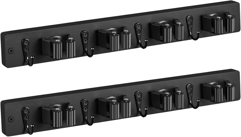 2 Pack Black Mop Broom Holder Wall Mount - Wood Broom Mop Hanger - Wall Mounted Garden Tool Rack Organizer for Closet Garage Laundry Room, 4 Slots & 4 Hooks