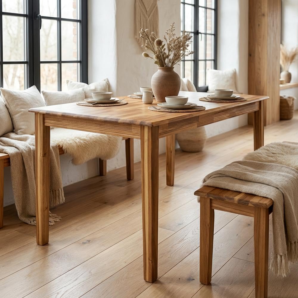 Furnifact Dining Room Table, Natural Finish Rectangular Wood Dinner Table, Si...