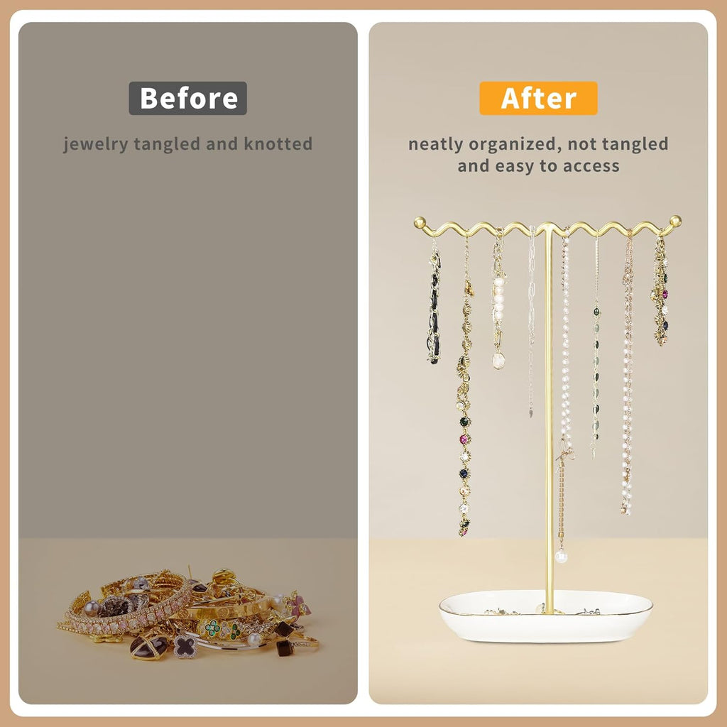 Elegant Jewelry Holder Stand: Metal Tree & Ceramic Tray Organizer for Necklaces, Rings, Earrings - Durable, Rustproof Display Holder Easy to Access Deluxe White
