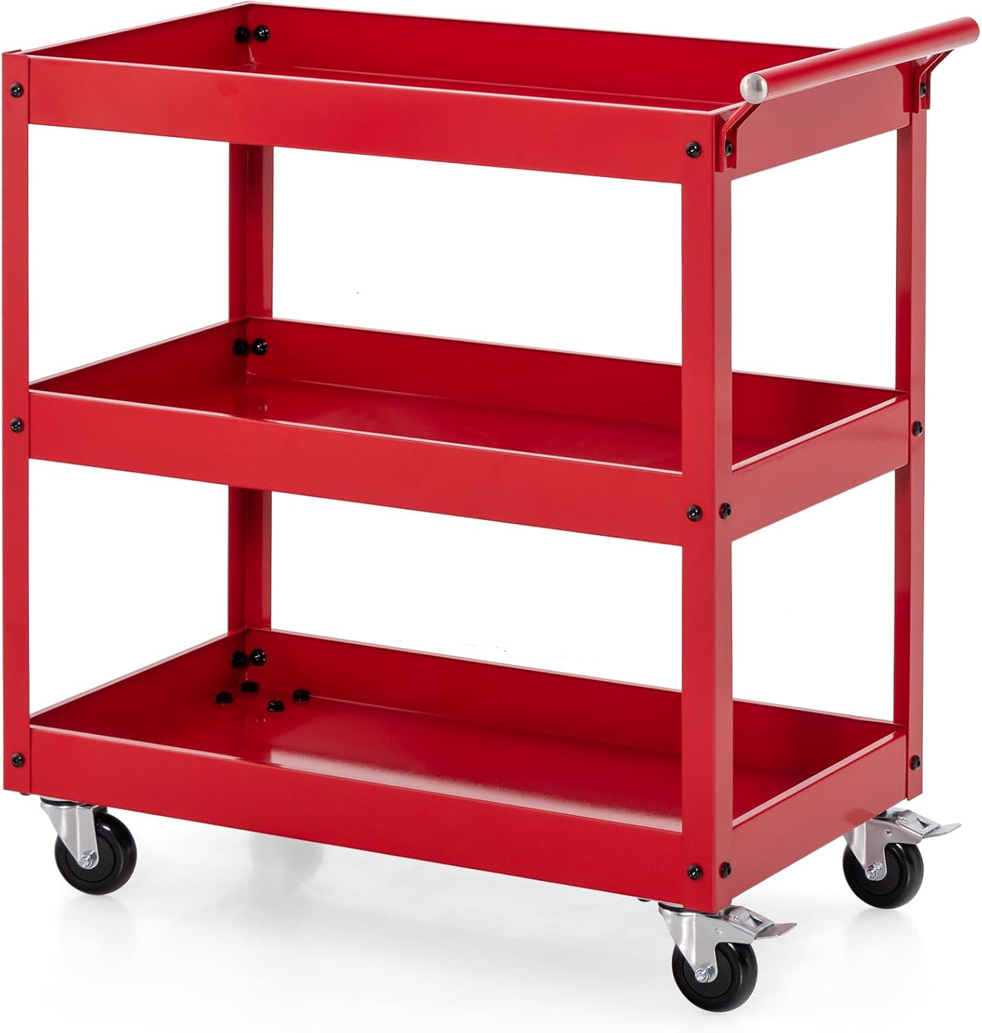 Goplus 3-Tier Utility Cart, Heavy Duty Commercial Service Tool Cart w/Lockable Wheels, 330lbs Load Capacity, Ergonomic Handle, Rolling Mechanic Tool Cart Storage Organizer for Warehouse Garage Red