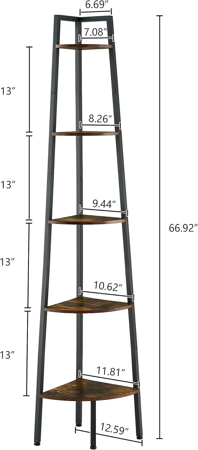Hoctieon Corner Shelf, 5-Tier Corner Bookshelf, Rustic Ladder Shelf, Industri...