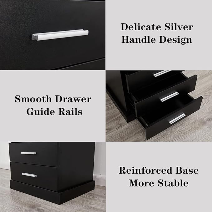 Black LED Nightstand with Charging Station, Side Table with 3 Drawers and Lig...