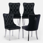 Velvet Upholstered Dining Chairs Set of 4, Modern Style Kitchen Side Chairs with Nailhead Trim and Silver Plated Leg, Metal Pulling Ring for Dining Room Living Room(Black, Set of 4)