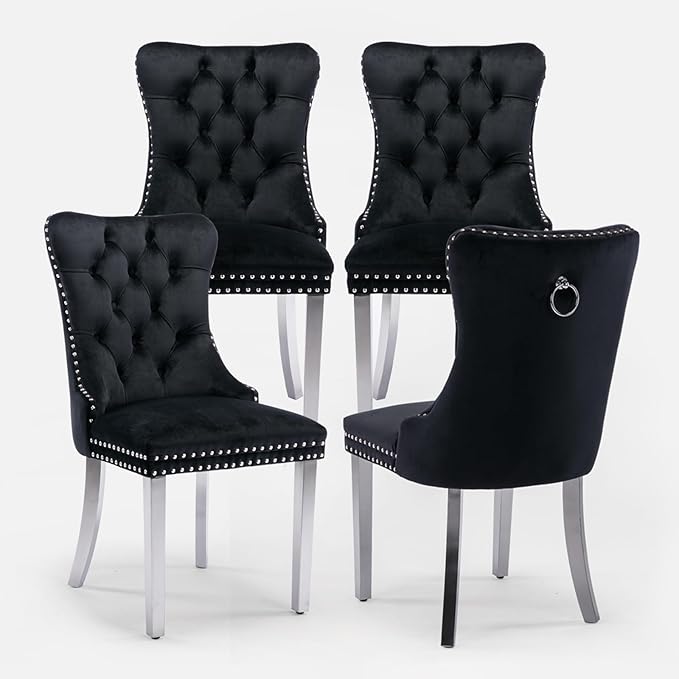 Velvet Upholstered Dining Chairs Set of 4, Modern Style Kitchen Side Chairs with Nailhead Trim and Silver Plated Leg, Metal Pulling Ring for Dining Room Living Room(Black, Set of 4)