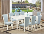 East West Furniture DOVE9-LWH-15 9 Piece Kitchen Table Set Includes a Rectangle Dining Table with Butterfly Leaf and 8 Baby Blue Linen Fabric Parson Dining Chairs, 42x78 Inch, Linen White