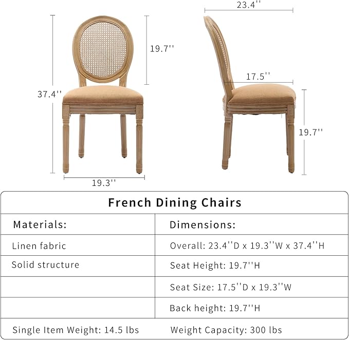 French Country Dining Chairs Set of 6, Caramel Kitchen & Dining Room Chairs Set of 6, Rattan Dining Chairs, Cane Back, Wood Legs, Sillas De Comedor (Rattan, Amber, 6Pcs)