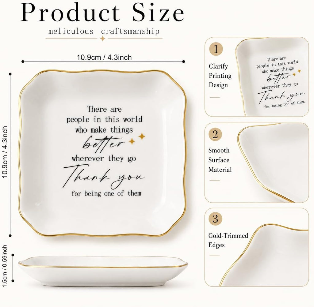 Thank You Gifts for Women - 4"x4" Ceramic Jewelry Dish Tray - Appreciation Inspirational Gifts for Women Employee Coworker Teacher Friends (White-Thank You)