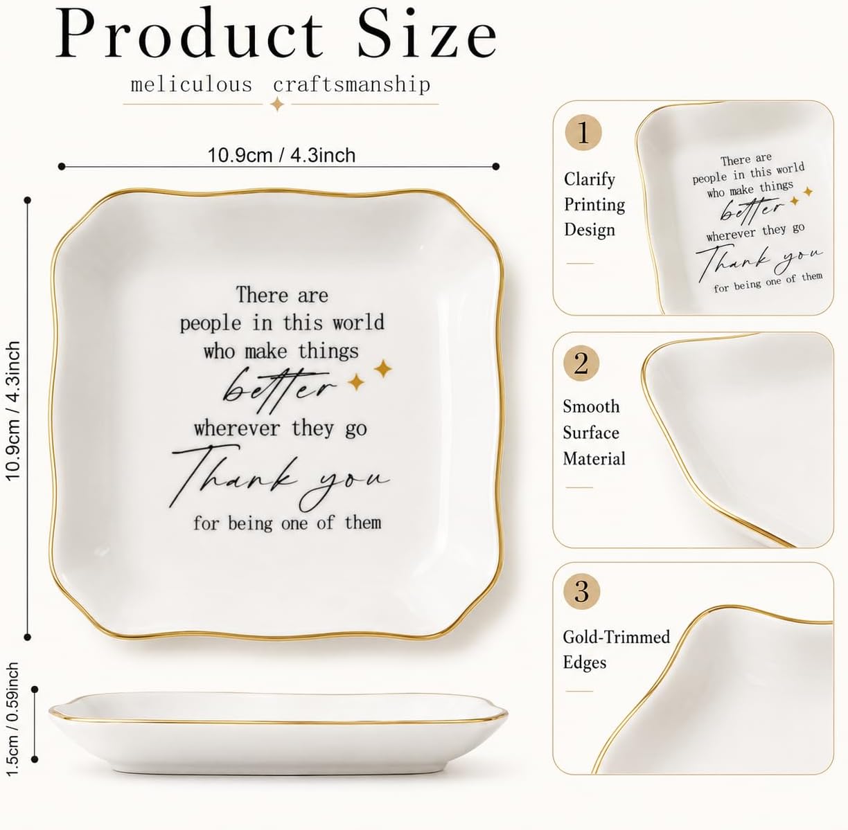 Thank You Gifts for Women - 4"x4" Ceramic Jewelry Dish Tray - Appreciation Inspirational Gifts for Women Employee Coworker Teacher Friends (White-Thank You)