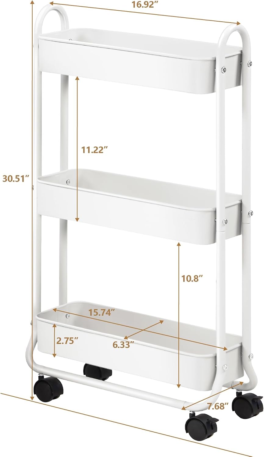 SunnyPoint Slim Rolling Storage Cart, 3 Tier Bathroom Storage Organizer Bathr...