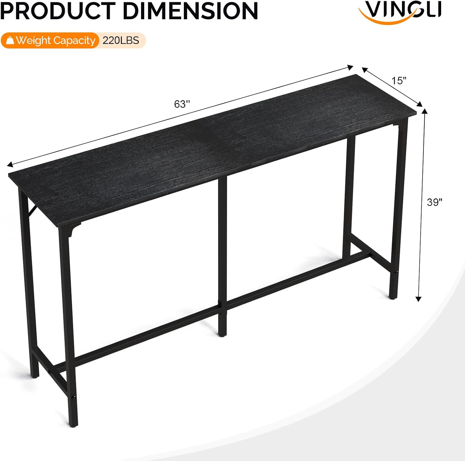 VINGLI 63 Inch Bar Table, Rectangular Counter Height Home Pub Table, Black | High Top, Multi-Scene Use for Kitchen Dining Living Room Sofa Entryway, Wooden Tabletop & Metal Base, Easy to Install