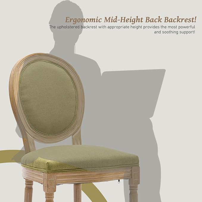 French Country Dining Chairs Set of 6,Farmhouse Upholstered Dining Room Chairs with Round Back and Solid Leg,Fabric Kitchen Side Chairs for Kitchen/Bedroom/Dining Room,Green
