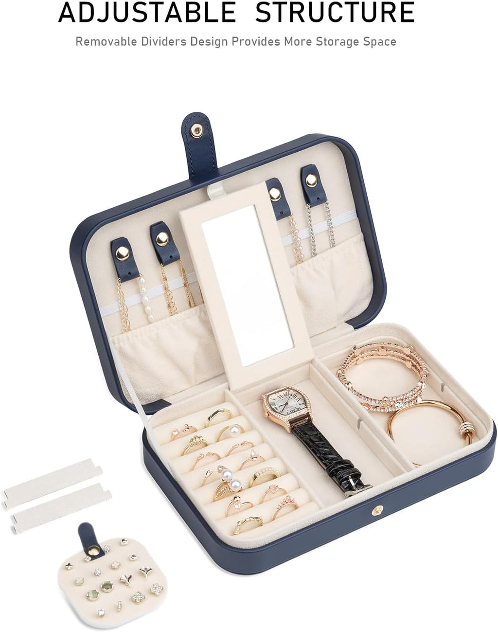 Travel Jewelry Case, Jewelry Box Small PU Leather Portable, Jewelry Travel Case for Rings Earrings Necklaces Bracelets Watch, Navy A
