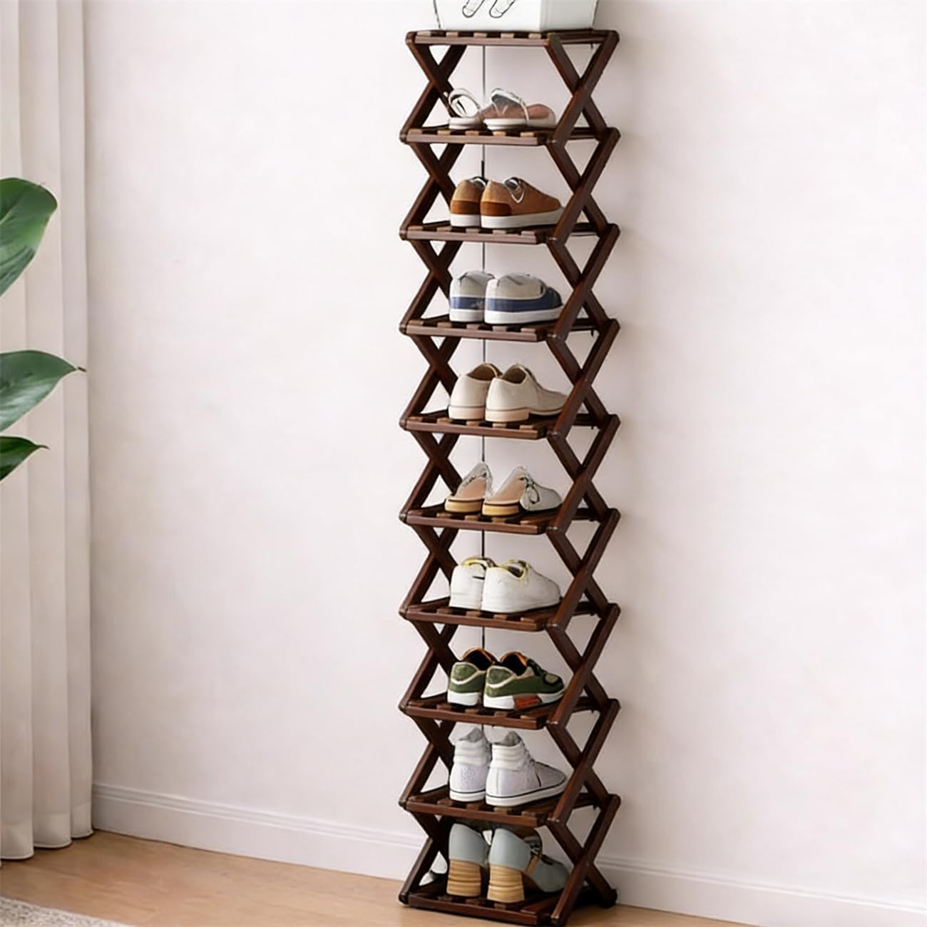 2026 New The 9-Tier No-Assembly Bamboo Foldable Shoe Rack, Without Installation Portable Vertical Shoe Storage Organiser for Entryway, Bedroom, Closet, Hallway (Brown, 10 Layers)