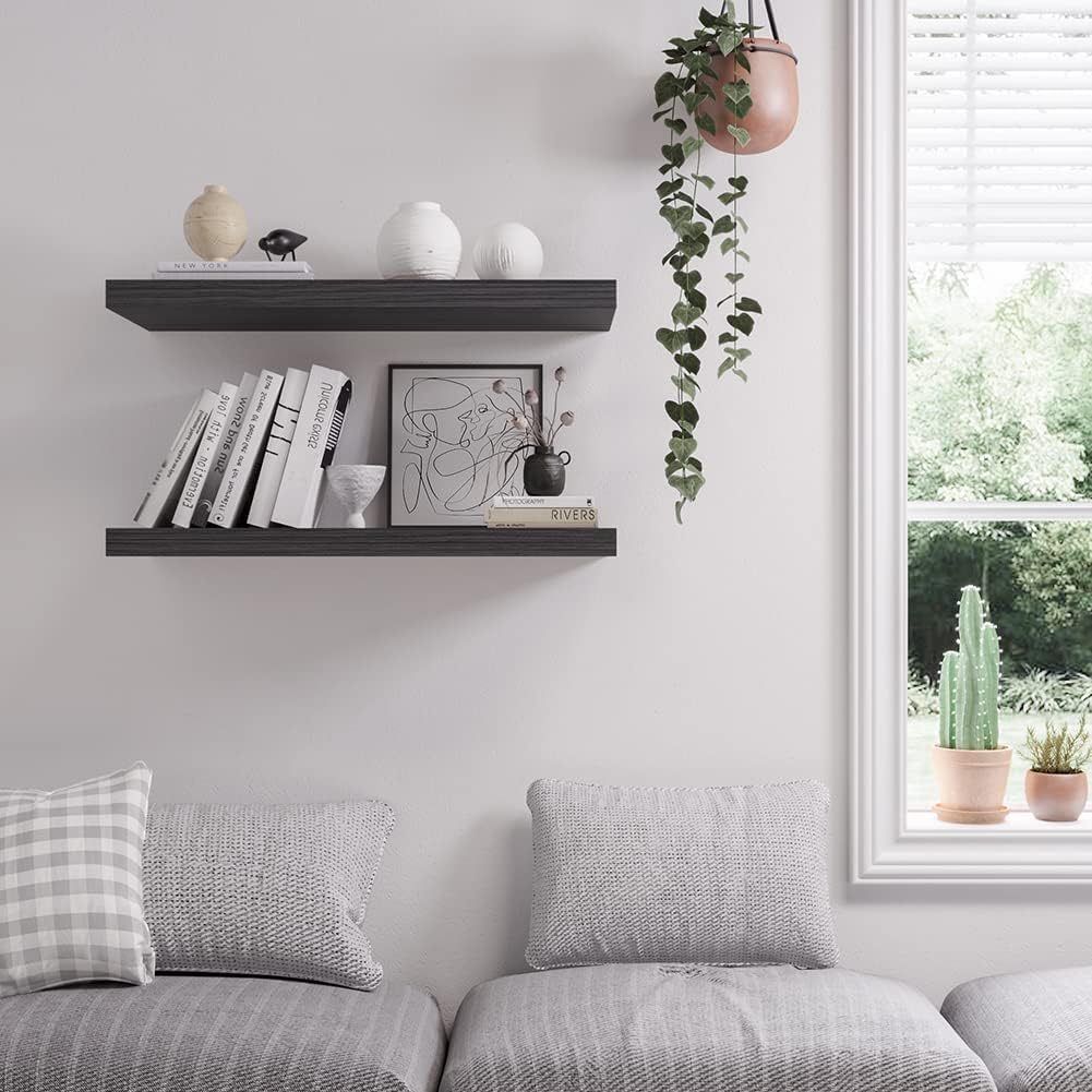 Floating Shelf, Set of 3 Wall Shelf, 24 in W x 12.75 in D x 2 in H Wooden Floating Wall Shelf with Invisible Brackets for Living Room/Bedroom/Bathroom/Kitchen Storage and Decor, Black Wood