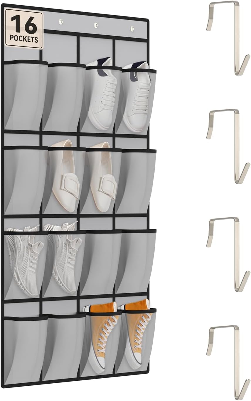 dodowin Over the Door Shoe Organizer, 16 Mesh Pockets, 4 Hooks, Gray | Foldable hanging storage fits behind closet doors and organizes shoes, accessories and daily household items in small spaces