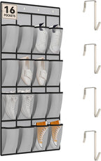 dodowin Over the Door Shoe Organizer, 16 Mesh Pockets, 4 Hooks, Gray | Foldable hanging storage fits behind closet doors and organizes shoes, accessories and daily household items in small spaces